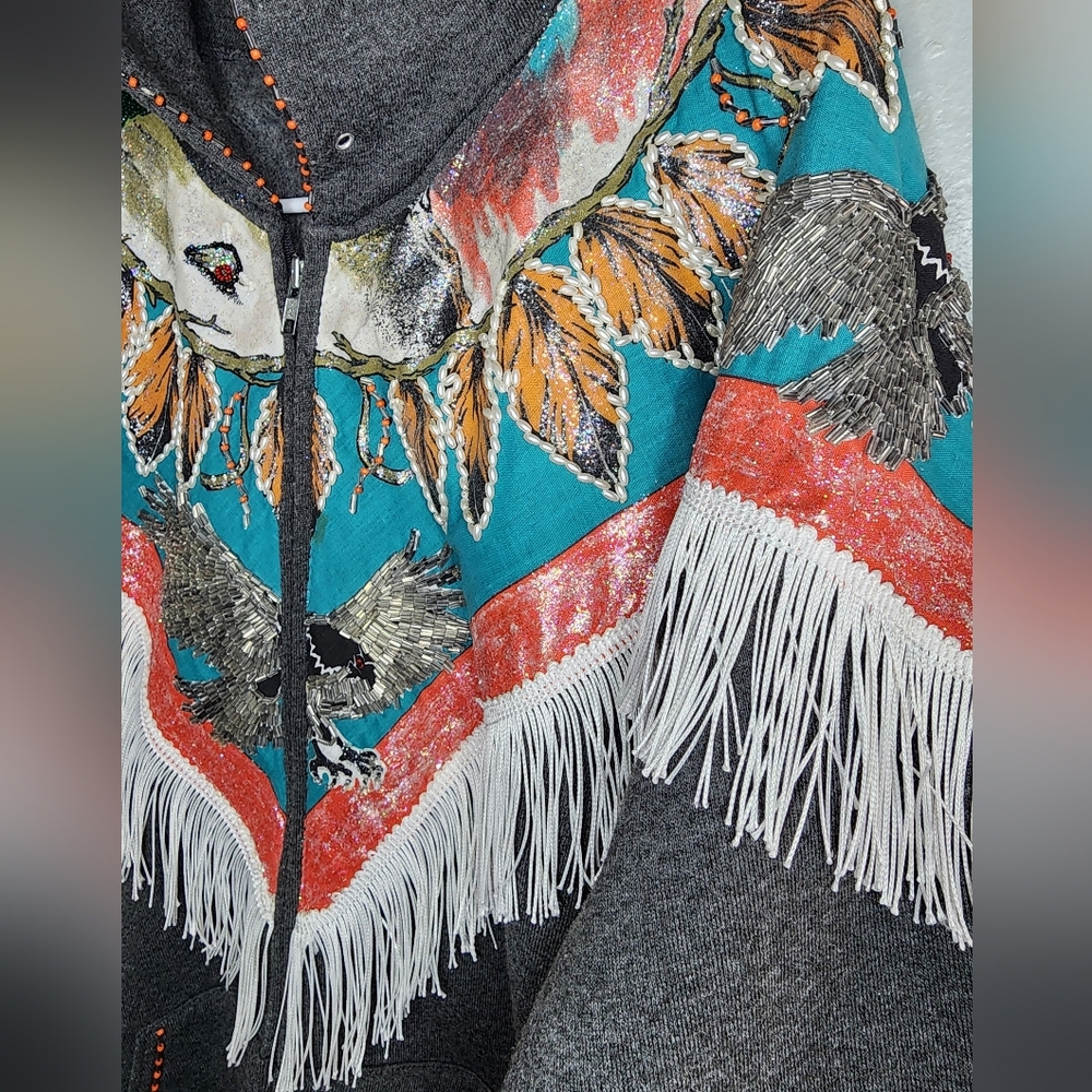 VINTAGE Handpainted Beaded Zip Sweatshirt Aztc Southwest Eagle Fringe Artsy XL - Picture 5 of 13